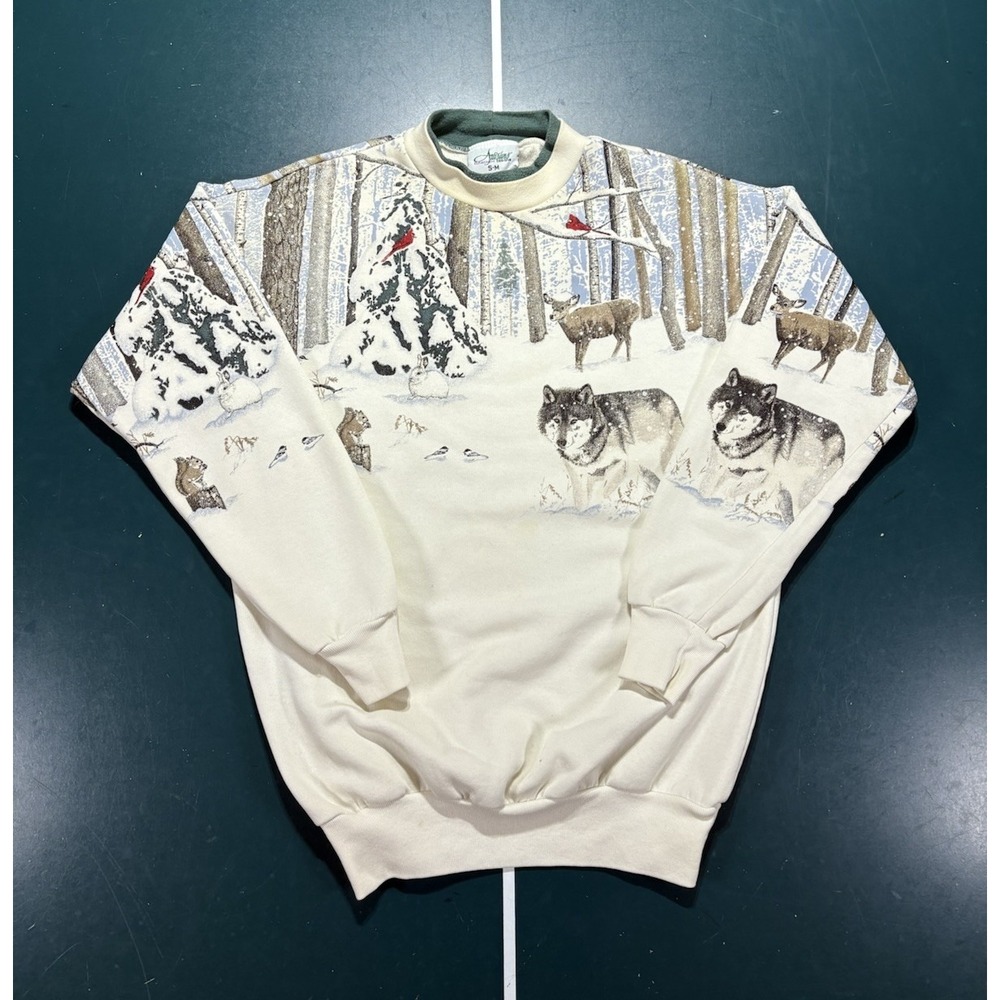 Vintage Artisans Designs Winter Forest Wolf Deer Nature AOP Sweatshirt Men Small